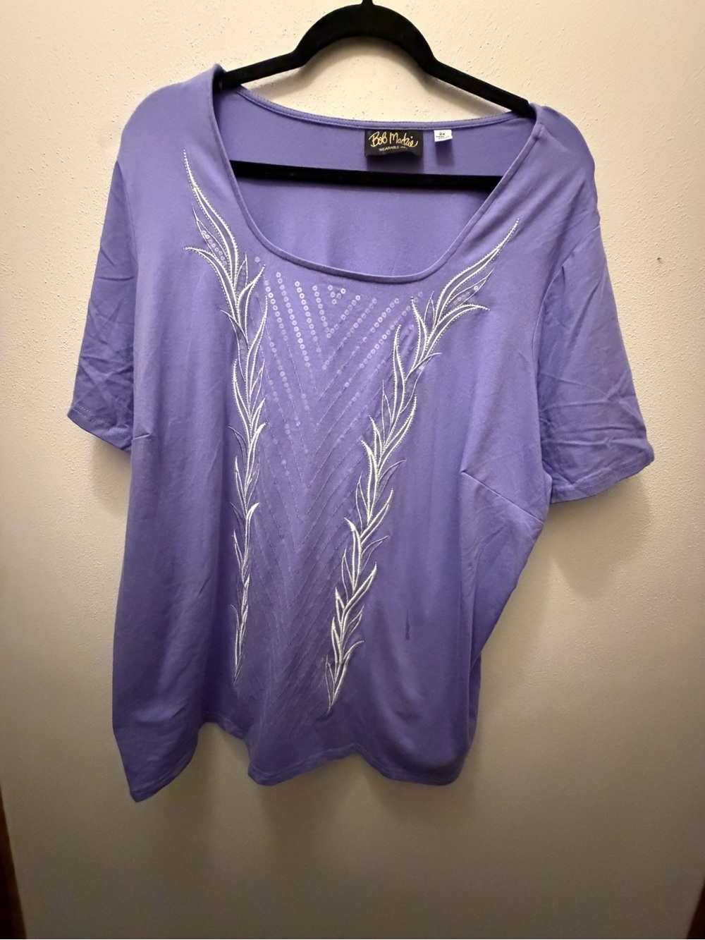 Bob Mackie Lavender Embroidered Scoop Neck Short Sleeve Top